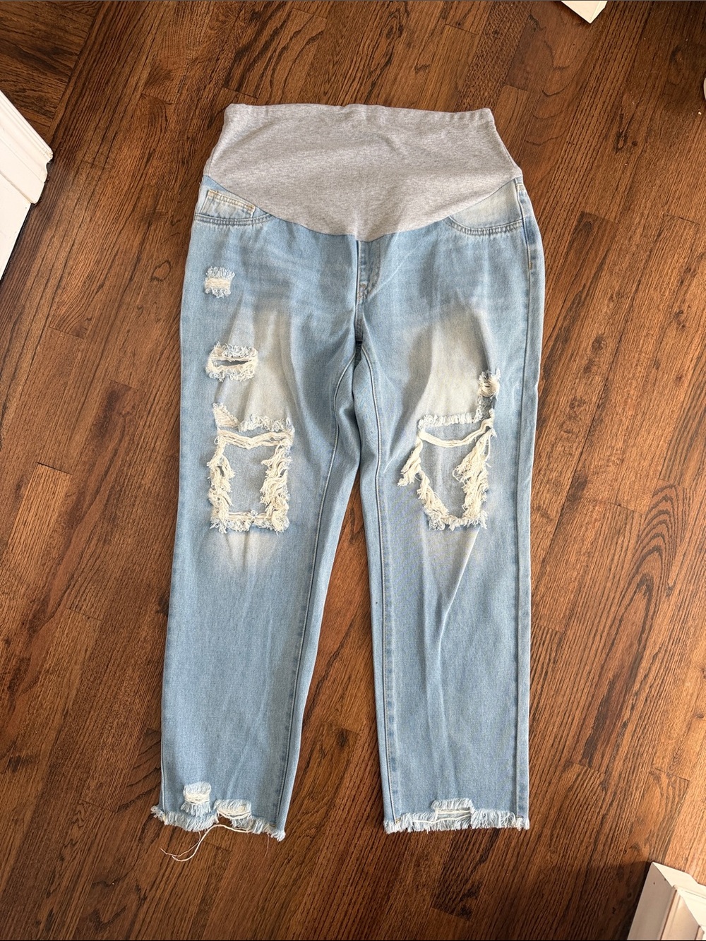 SHEIN Light Blue Distressed Maternity Boyfriend Jeans with Gray Waistband